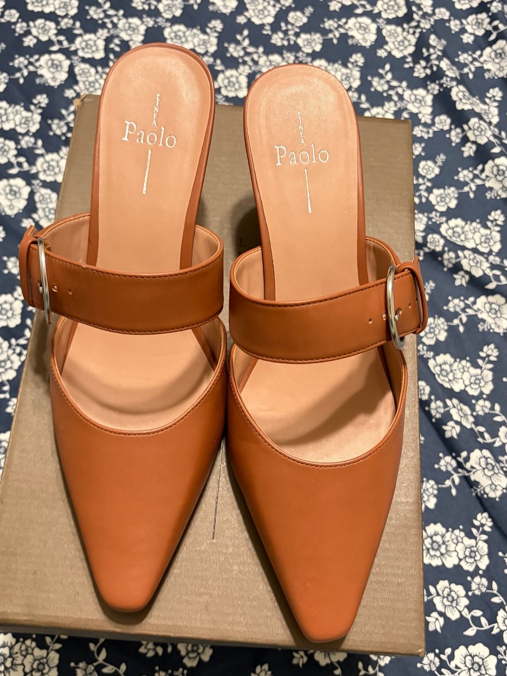 Paolo Women's Cognac Pointed Mule with Buckle Strap